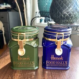 2 Vintage Harrods Food Halls Storage Jar blue & green